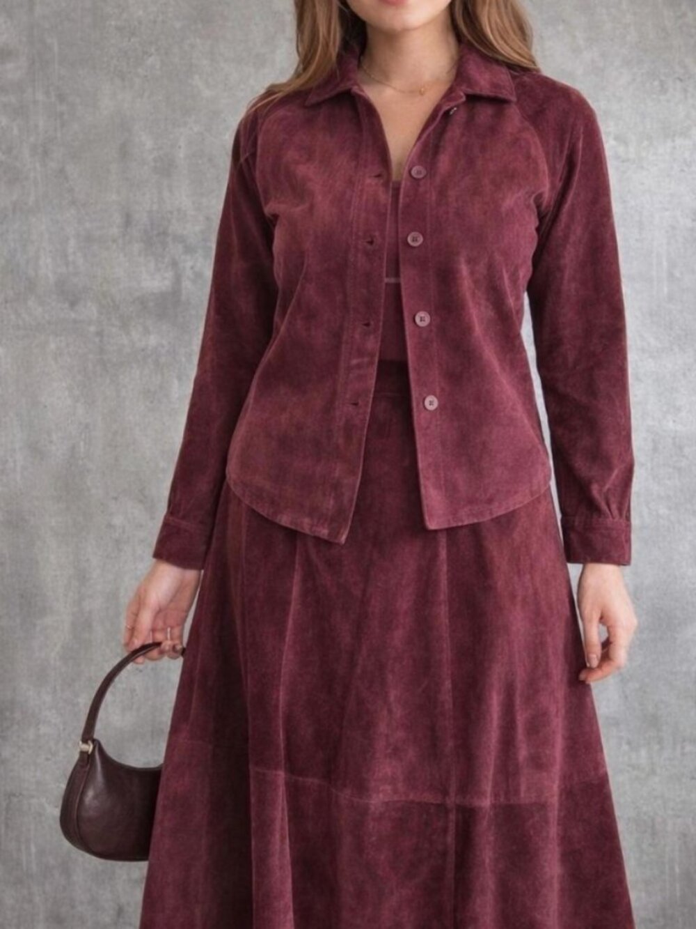 Vintage 80s AVANTI Burgundy Suede Skirt Jacket Set Midi Skirt Western Boho M
